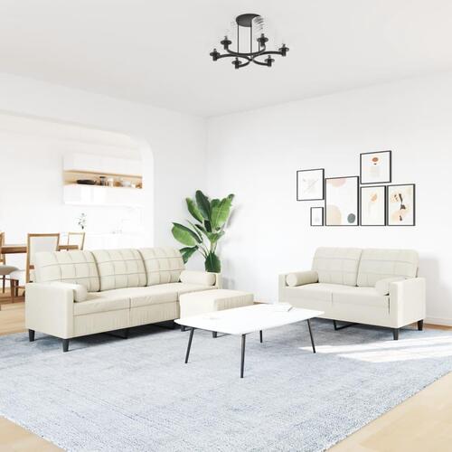 3 personers sofa med hynder og bolsterpuder velour cremefarvet