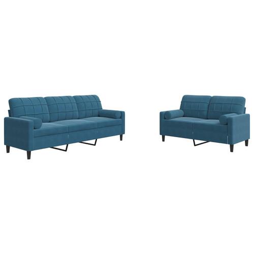 2 personers sofa med hynder og bolsterpuder velour blå