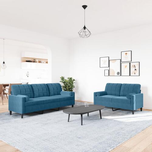 2 personers sofa med hynder og bolsterpuder velour blå