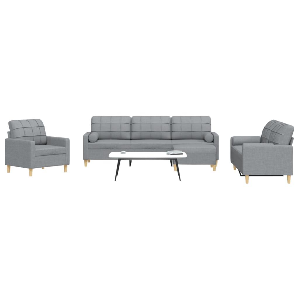 Sofasæt 4 dele med fodskammel og pyntepuder stof lysegrå