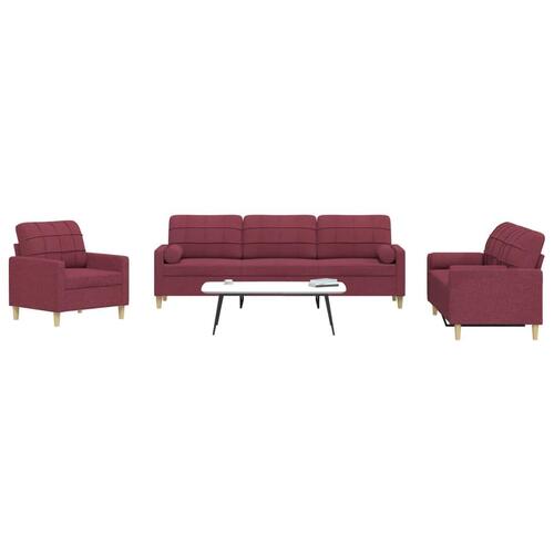 3 personers sofa med pyntepuder stof vinrød