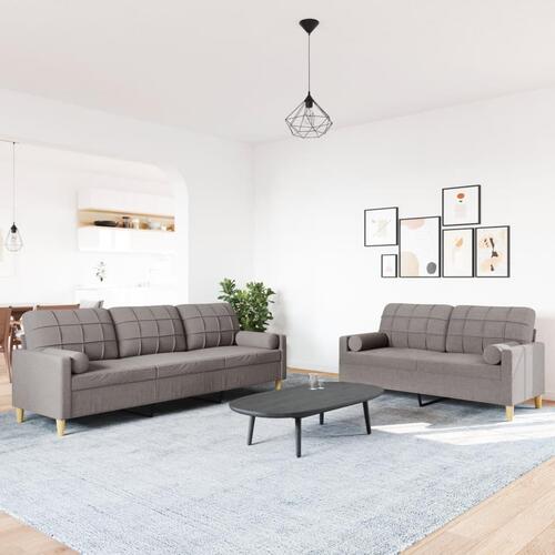 2 personers sofa med pyntepuder stof gråbrun