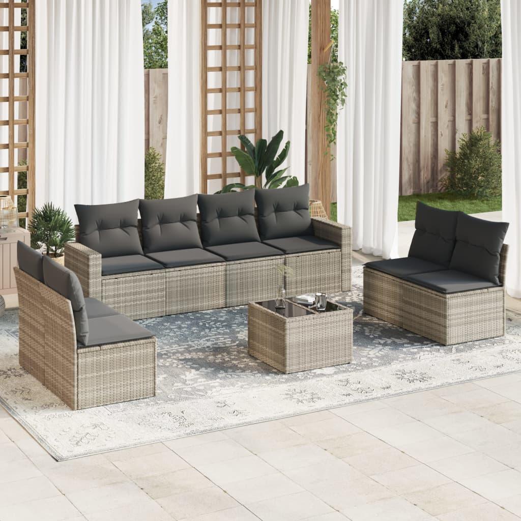 Sofasæt til haven 9 dele med hynder polyrattan lysegrå