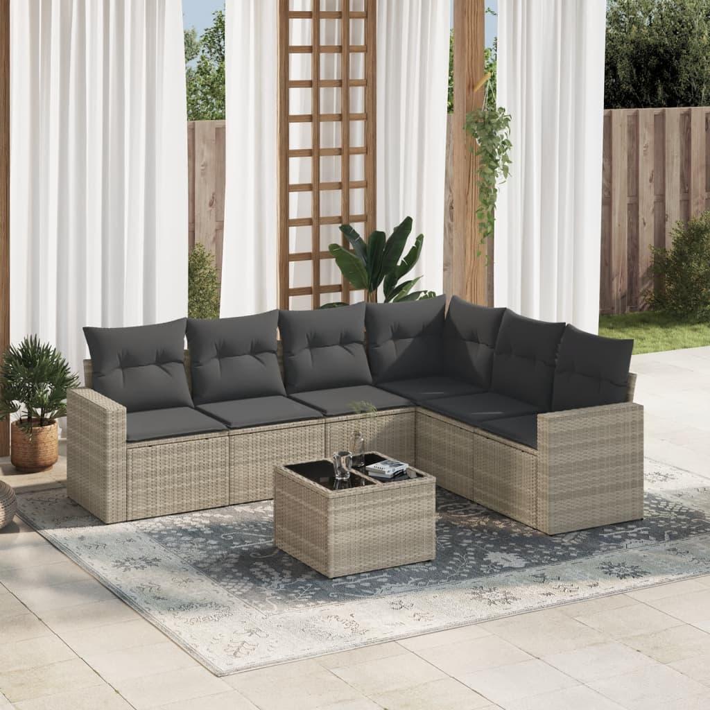 Havesofasæt i polyrattan - 7 dele med hynder, lysegrå billede