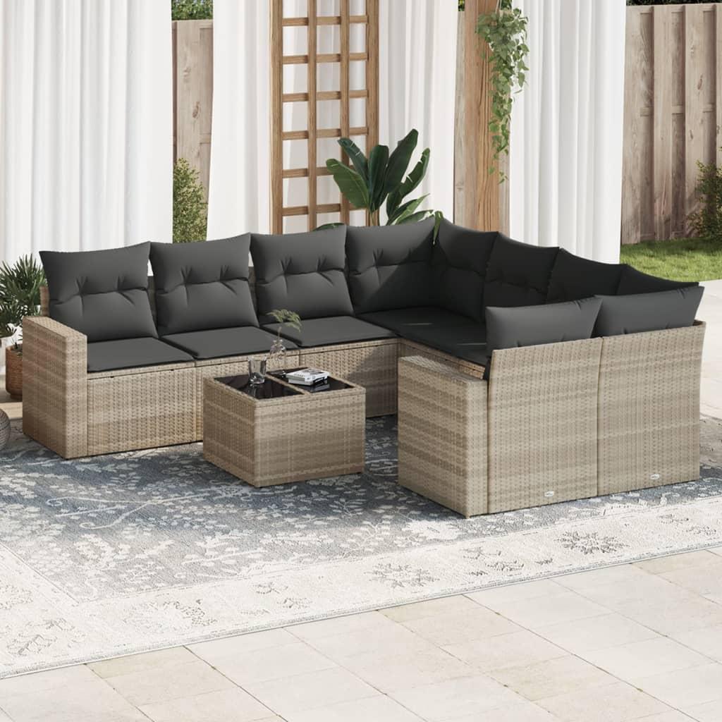 Sofasæt til haven i polyrattan, 9 dele med hynder - lysegrå