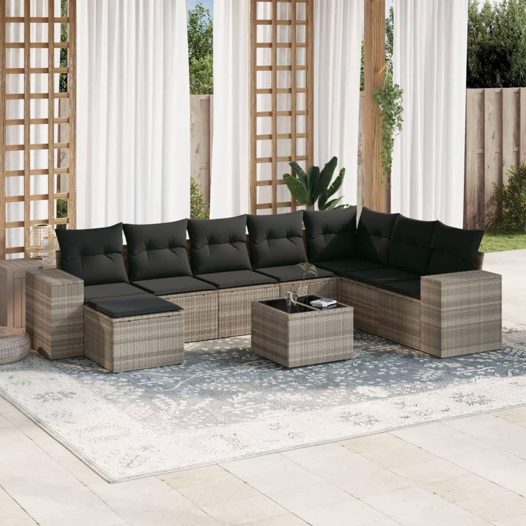 Sofasæt til haven 9 dele med hynder polyrattan lysegrå
