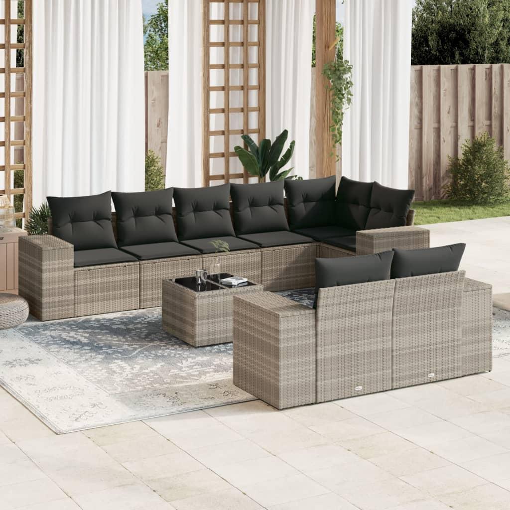Sofasæt til haven 9 dele med hynder polyrattan lysegrå