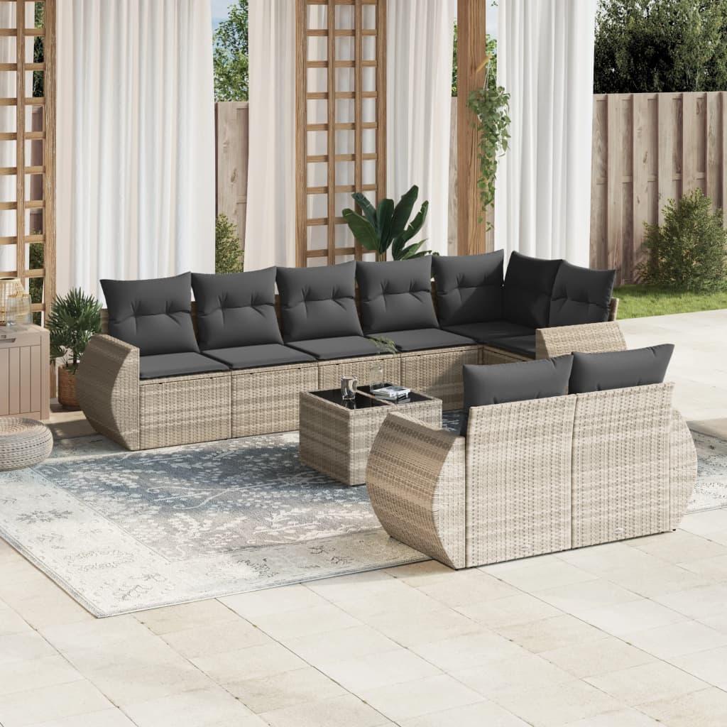 Sofasæt til haven 9 dele med hynder polyrattan lysegrå