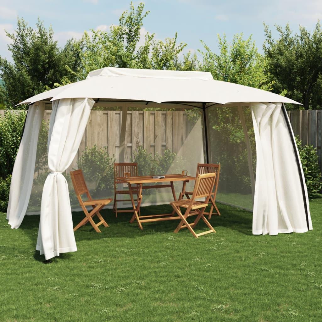 Pavillon 3,93x2,93 m dobbelt tag + meshvægge stål cremefarvet