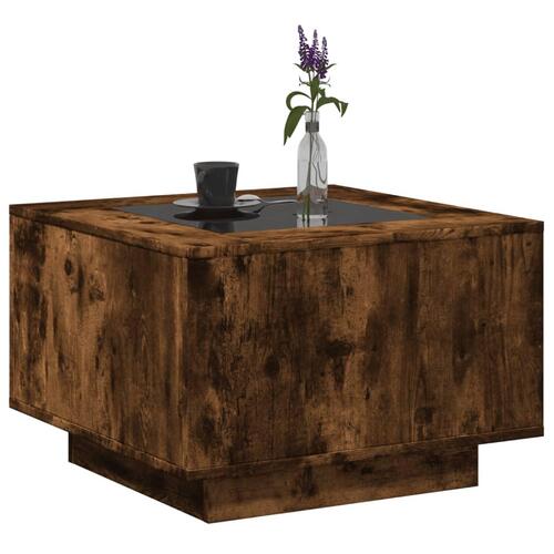Sofabord med LED-lys 60x60x40 cm konstrueret træ røget eg