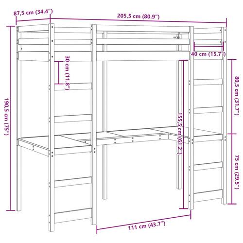 Højseng uden madras 80x200 cm massivt fyrretræ hvid