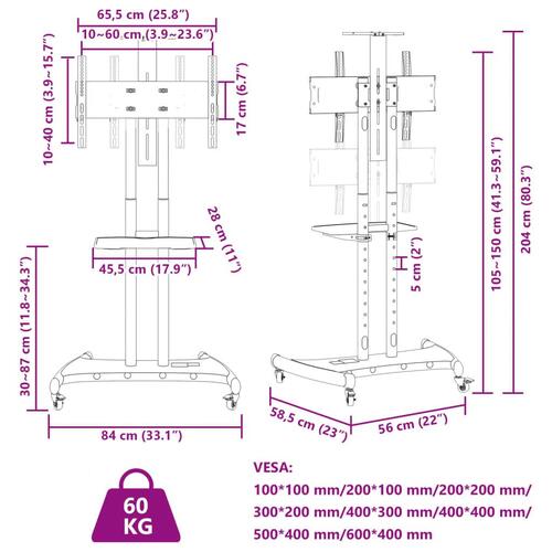 Tv-stativ med hjul 32-70" skærm maks. VESA 600x400 mm 60 kg