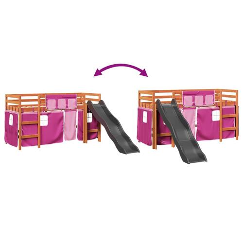 Højseng med gardiner 90x200 cm massivt fyrretræ pink