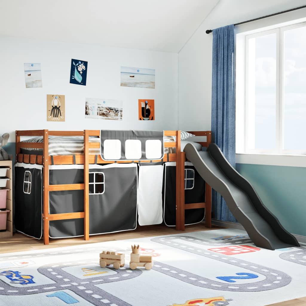 Højseng med gardiner 90x200 cm massivt fyrretræ hvid og sort