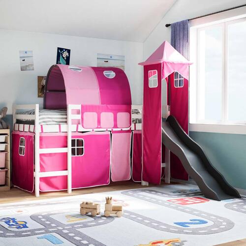 Højseng med tårn 80x200 cm massivt fyrretræ pink