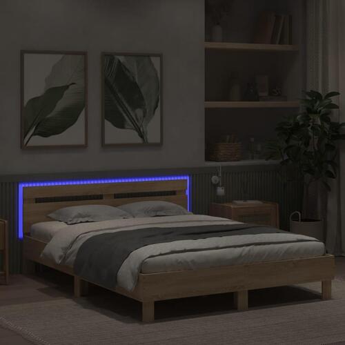 Sengeramme med sengegavl og LED-lys 140x190 cm sonoma-eg