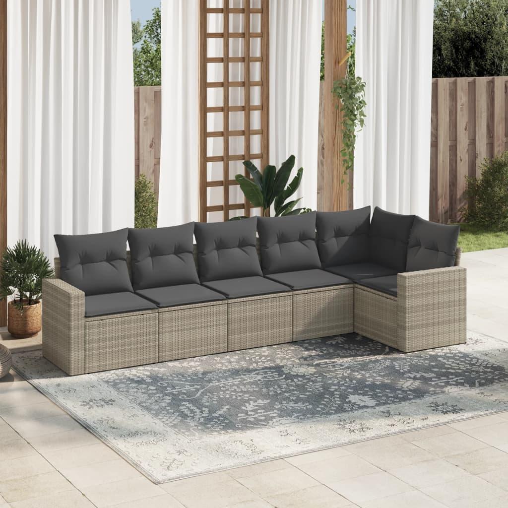 Sofasæt til haven i polyrattan - 6 dele med hynder, lysegrå