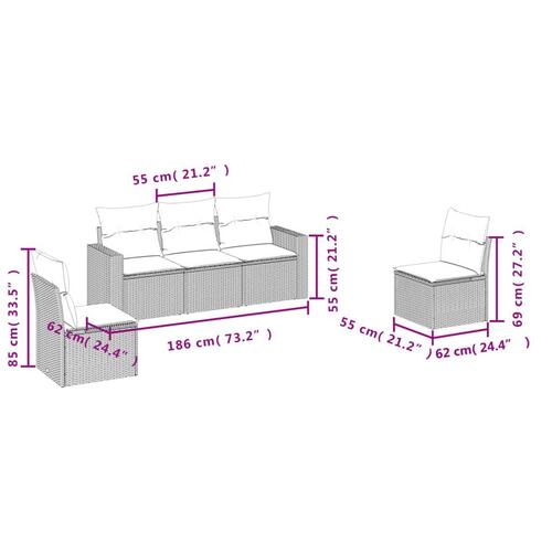 Sofasæt 5 dele med hynder polyrattan lysegrå