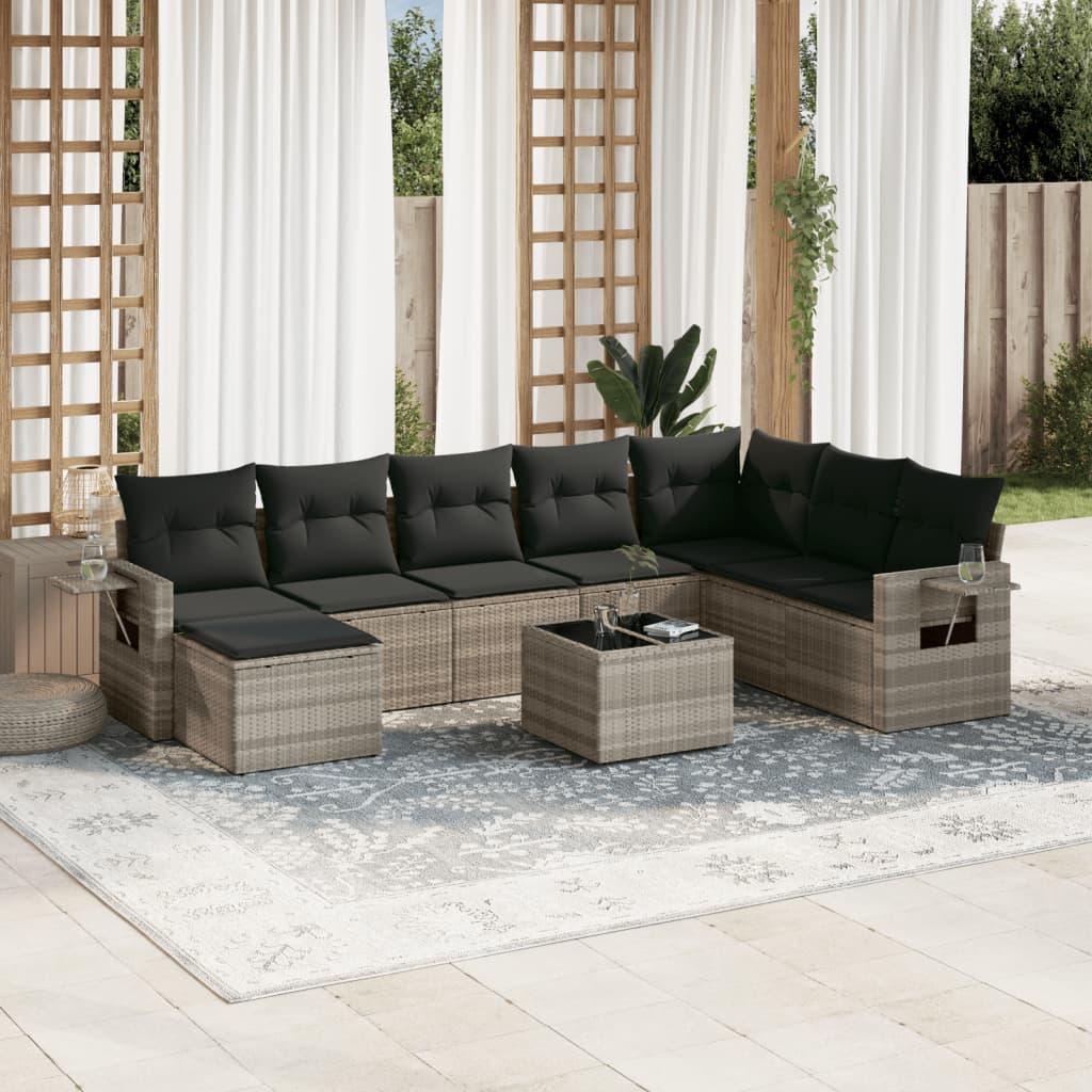 Sofasæt til haven 9 dele med hynder polyrattan lysegrå