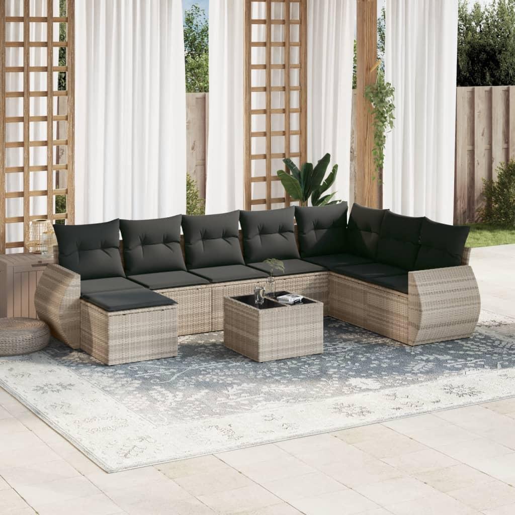 Sofasæt til haven 9 dele med hynder polyrattan lysegrå