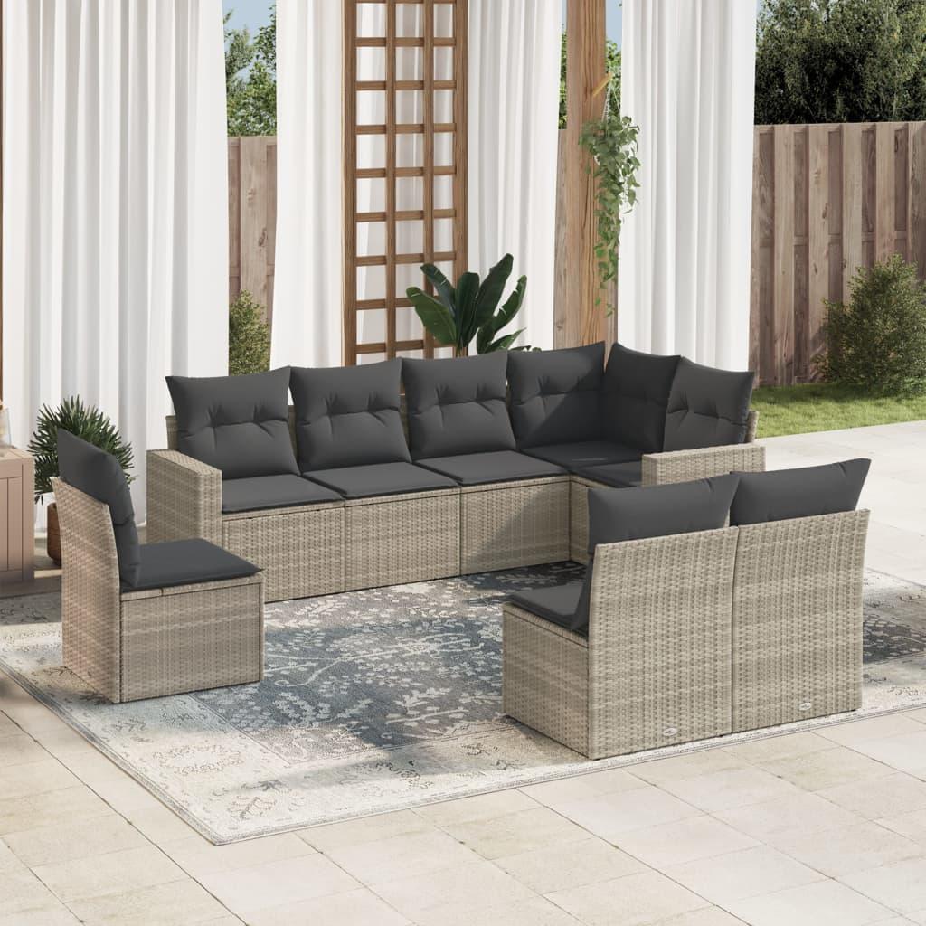 Sofasæt til haven i polyrattan - 8 dele med hynder, lysegrå