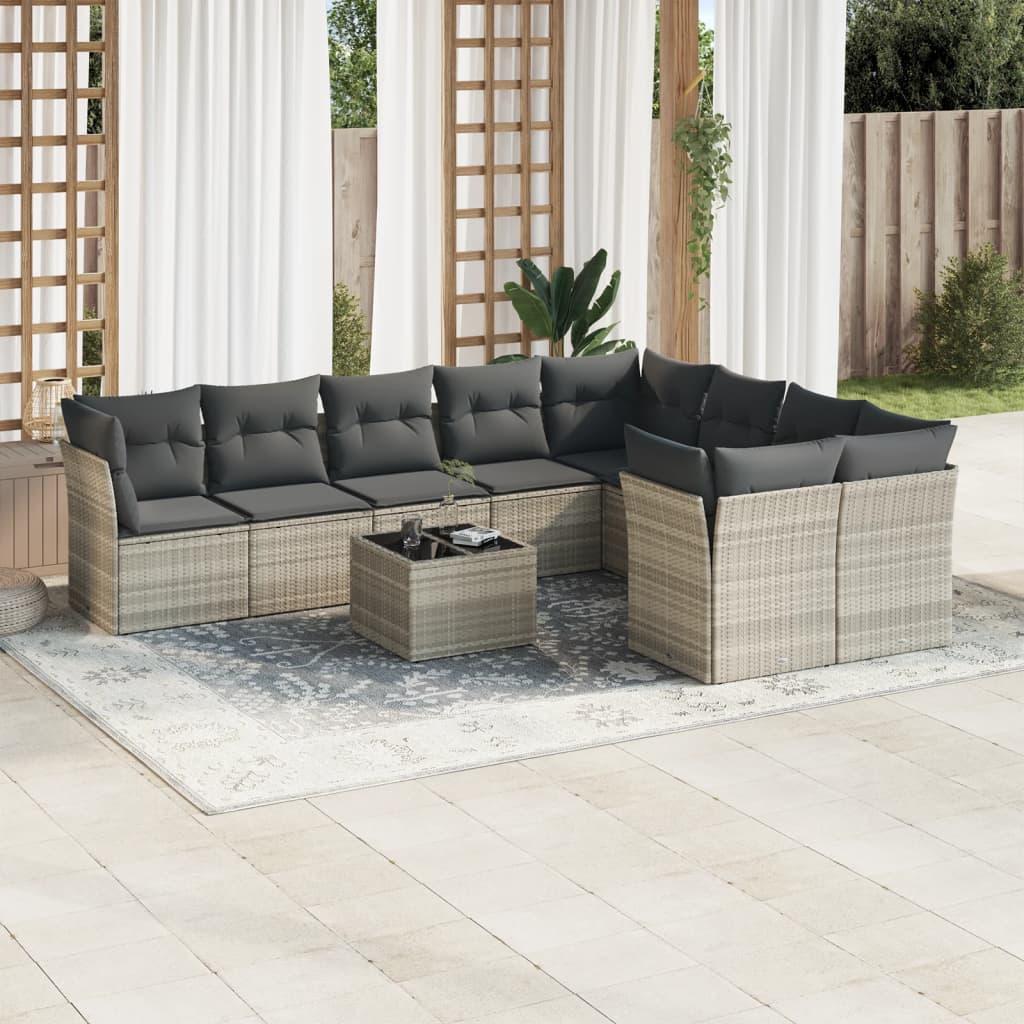 Sofasæt til haven i polyrattan - 10 dele med hynder, lysegrå