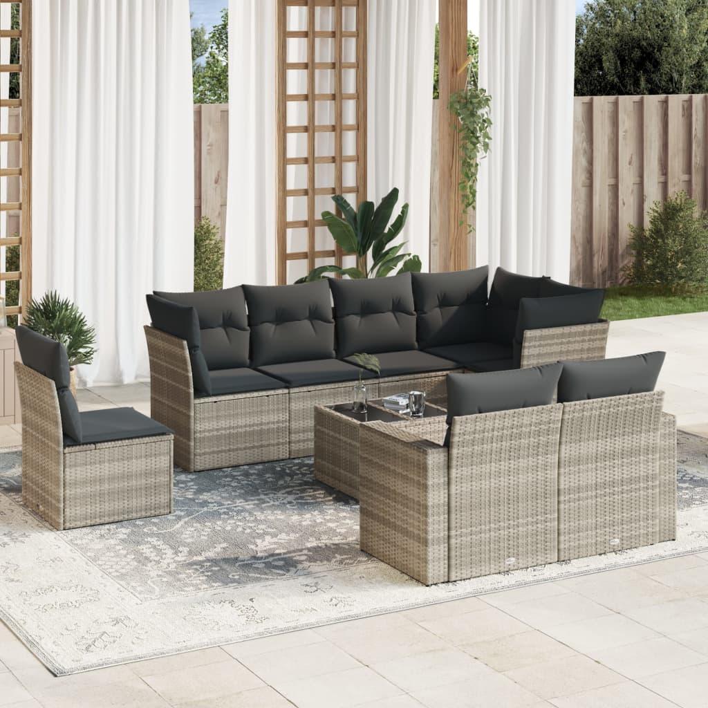 Sofasæt til haven i polyrattan - 9 dele med hynder, lysegrå