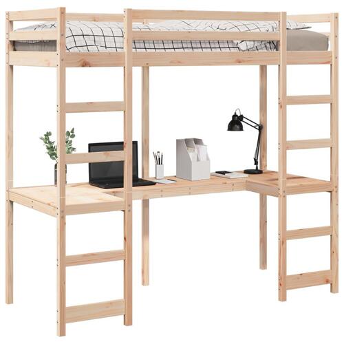 Højseng med skrivebord 90x200 cm massivt fyrretræ