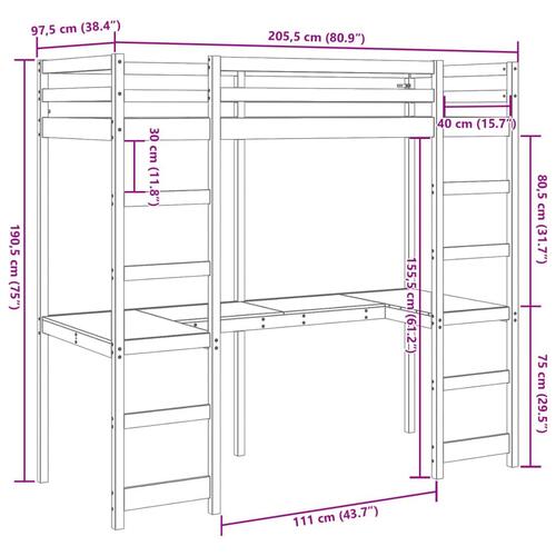 Højseng med skrivebord 90x200 cm massivt fyrretræ