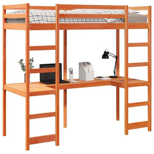 Højseng med skrivebord 90x200 cm massivt fyrretræ gyldenbrun