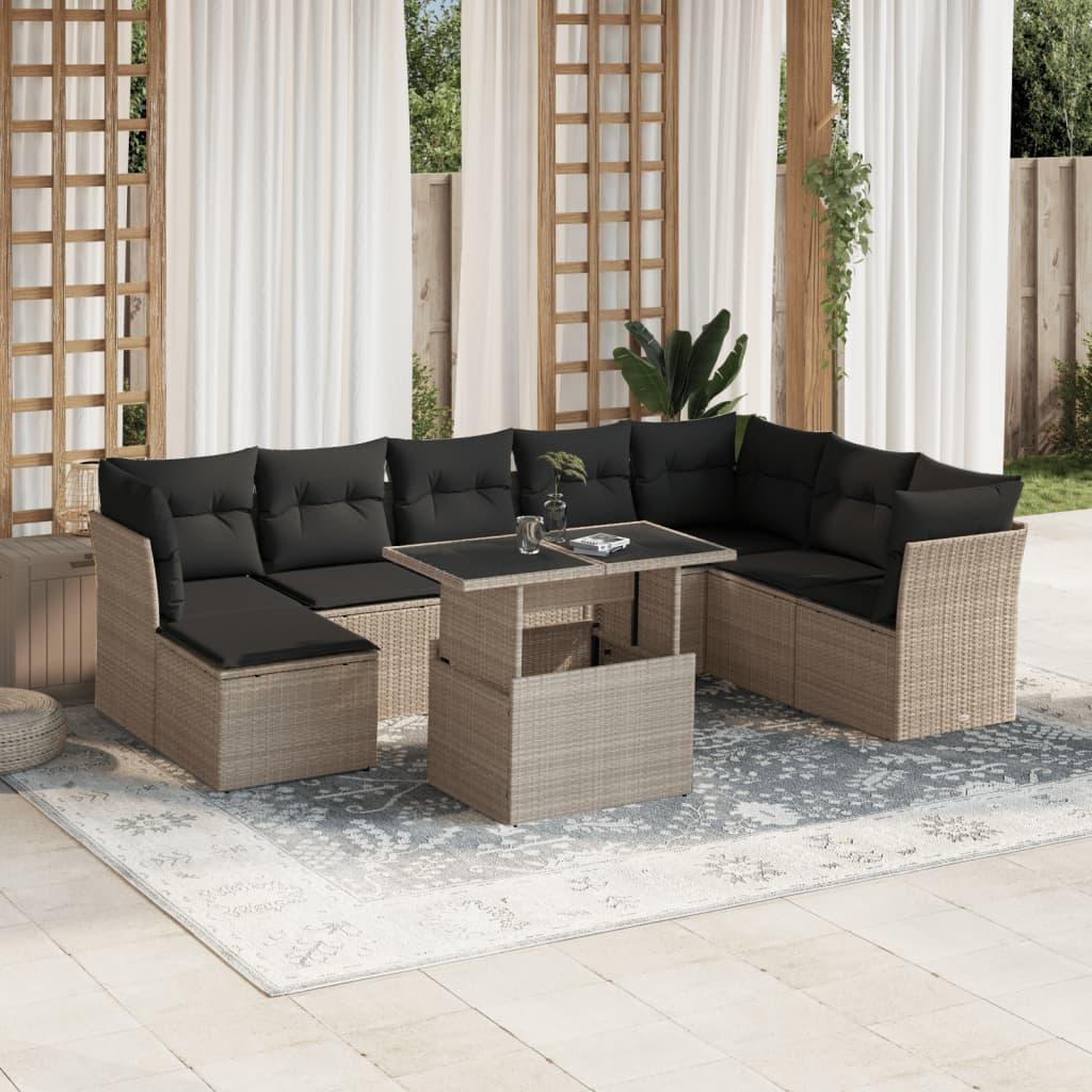 Sofasæt til haven 9 dele med hynder polyrattan lysegrå