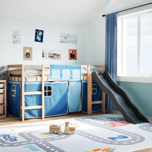 Højseng med gardiner 80x200 cm massivt fyrretræ blå