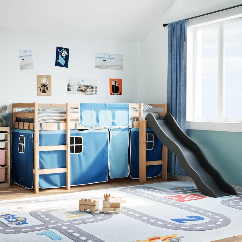 Højseng med gardiner 80x200 cm massivt fyrretræ blå