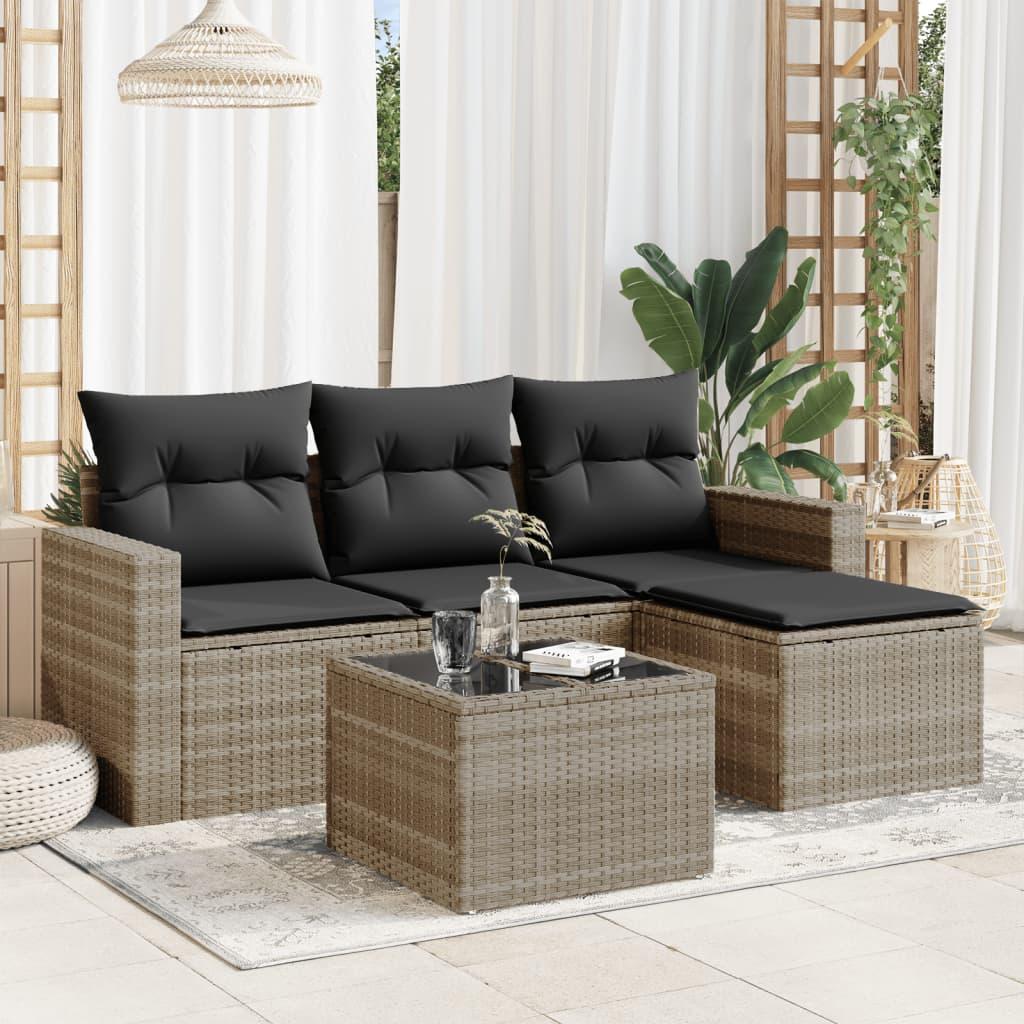 Sofasæt Til Haven 4 Dele Med Hynder Polyrattan - Lysegrå / Med bord