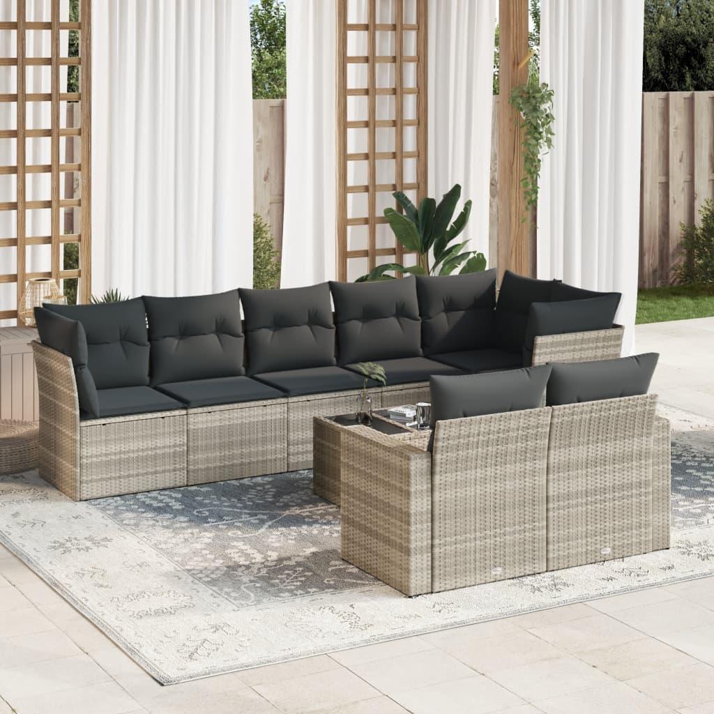 Sofasæt til haven 9 dele med hynder polyrattan lysegrå