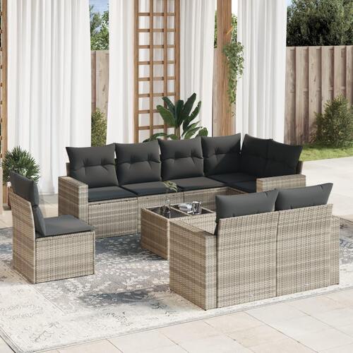 Sofasæt til haven 9 dele med hynder polyrattan lysegrå