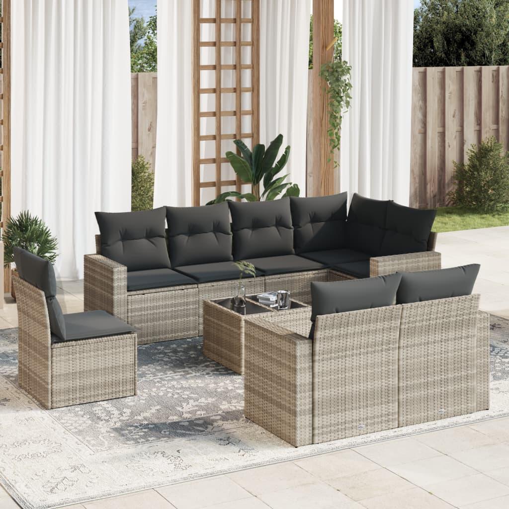 Sofasæt til haven 9 dele med hynder polyrattan lysegrå