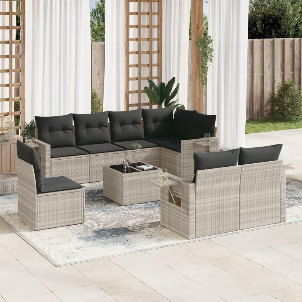 Sofasæt til haven 9 dele med hynder polyrattan lysegrå