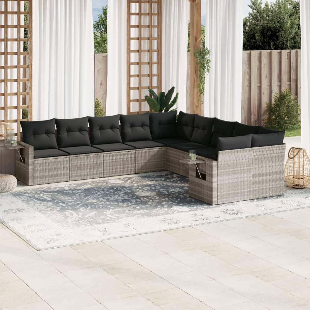 Sofasæt til haven - 10 dele med hynder i polyrattan, lysegrå