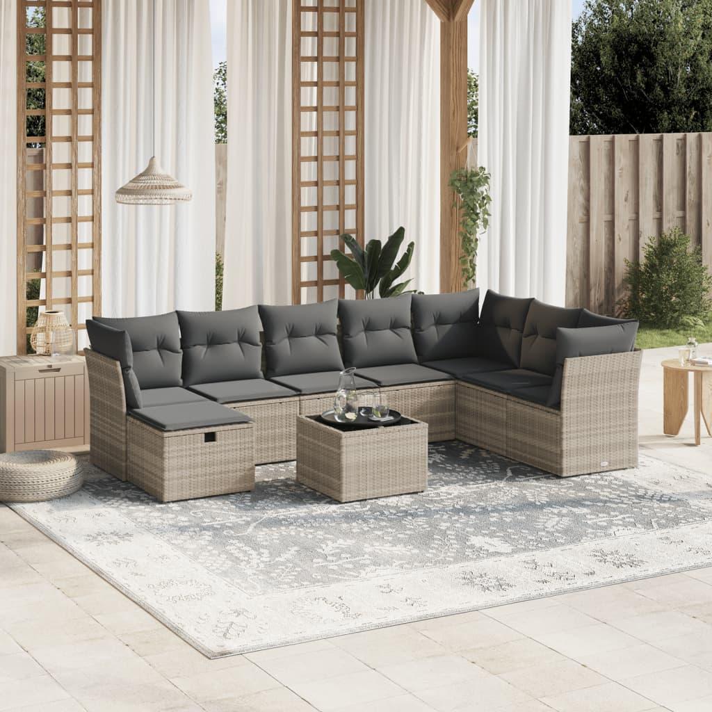 Sofasæt til haven 9 dele med hynder polyrattan lysegrå