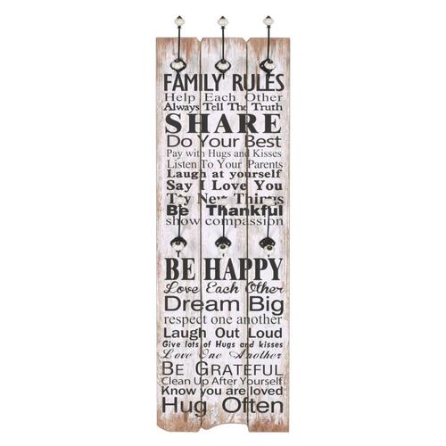 Vægmonteret knagerække med 6 knager FAMILY RULES 120 x 40 cm