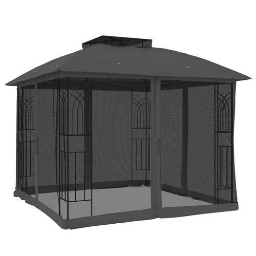 Pavillon 2,94x2,94 m dobbelt tag + meshvægge stål antracitgrå