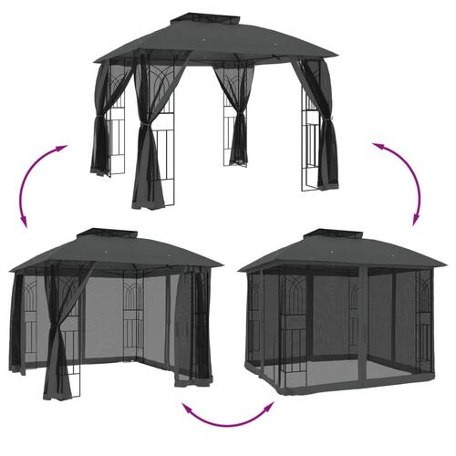 Pavillon 2,94x2,94 m dobbelt tag + meshvægge stål antracitgrå