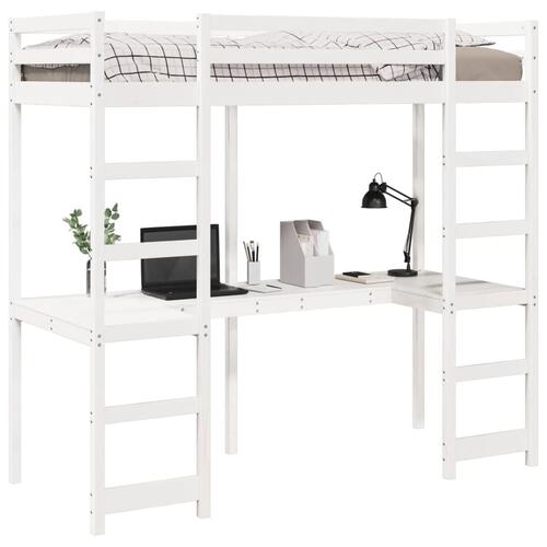 Højseng med skrivebord 90x200 cm massivt fyrretræ hvid