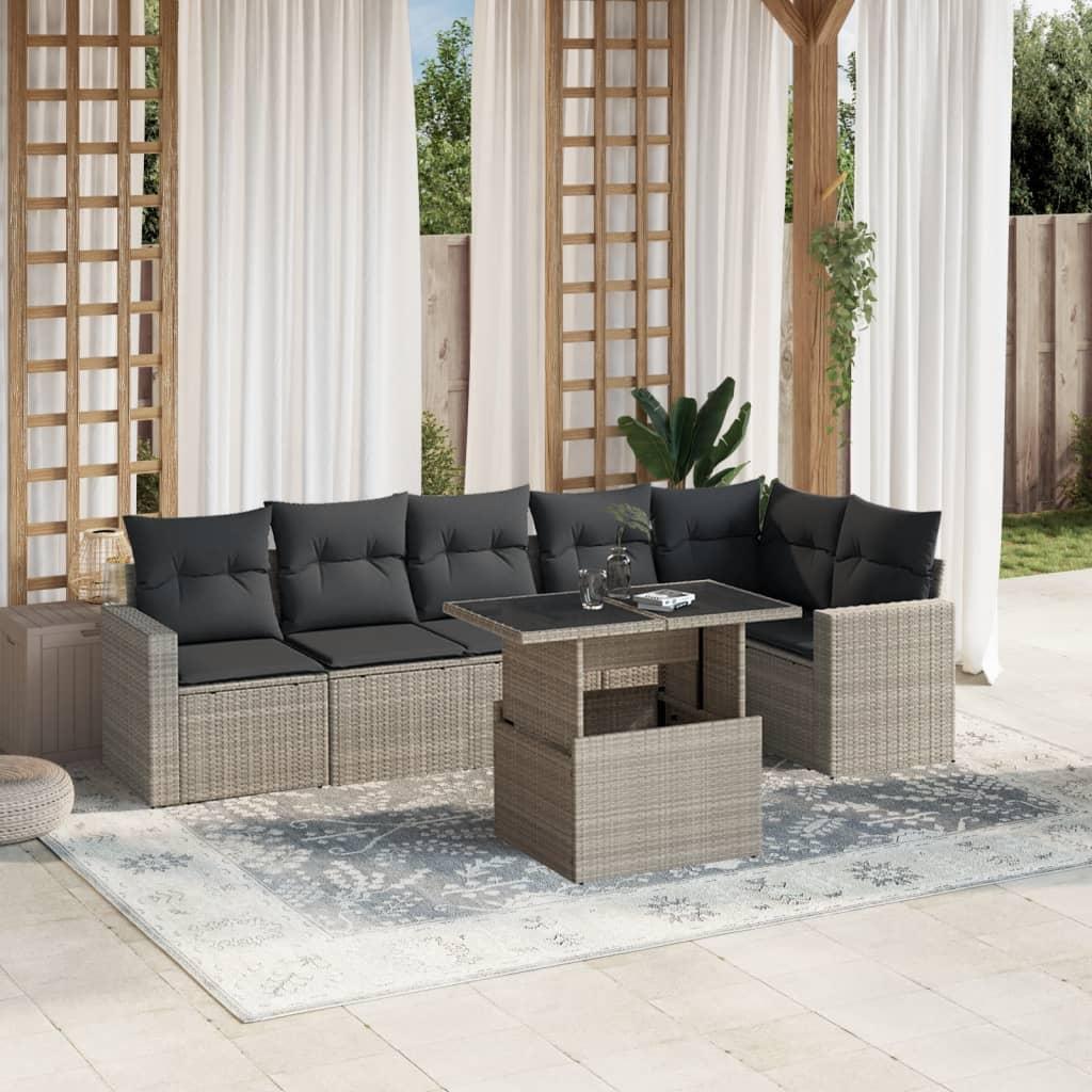 Sofasæt til haven 7 dele med hynder polyrattan lysegrå billede