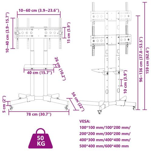 Tv-stativ med hjul til 32-70" maks. VESA 600x400 mm 50 kg