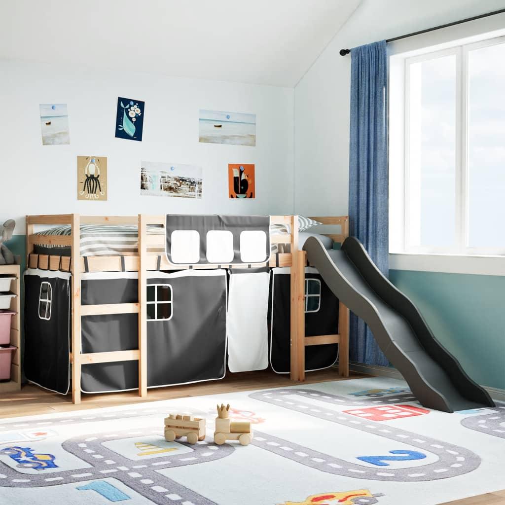 Højseng med gardiner 80x200 cm massivt fyrretræ hvid og sort