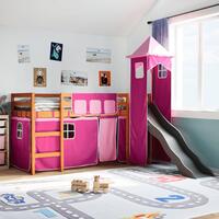 Højseng med tårn 90x200 cm massivt fyrretræ pink