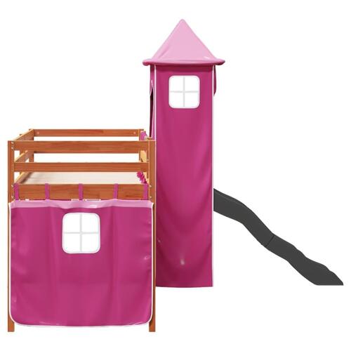 Højseng med tårn 90x200 cm massivt fyrretræ pink