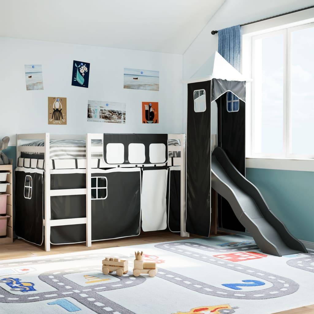 Højseng med tårn 80x200 cm massivt fyrretræ hvid og sort